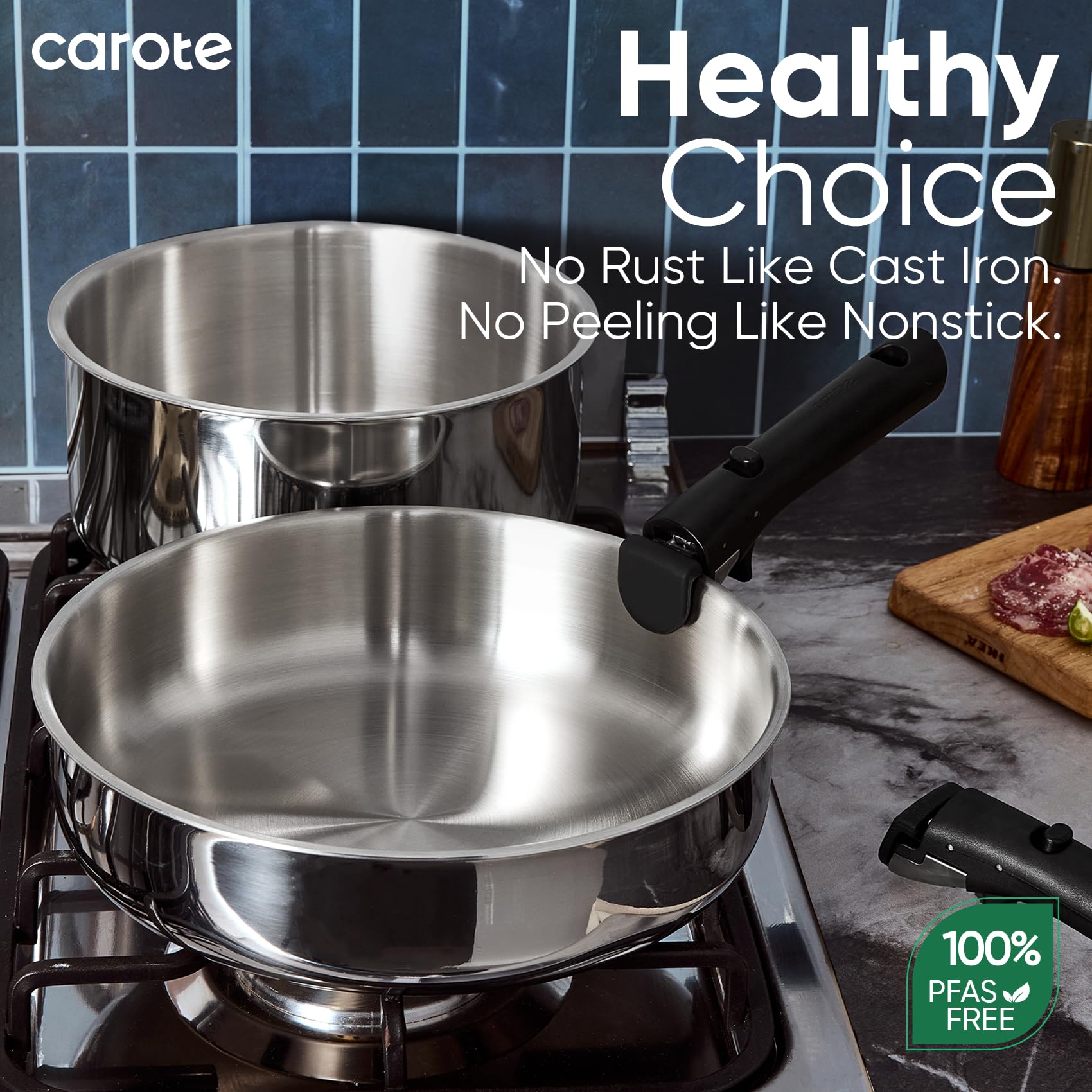 CAROTE detachable-handles stack neatly for compact kitchen storage.