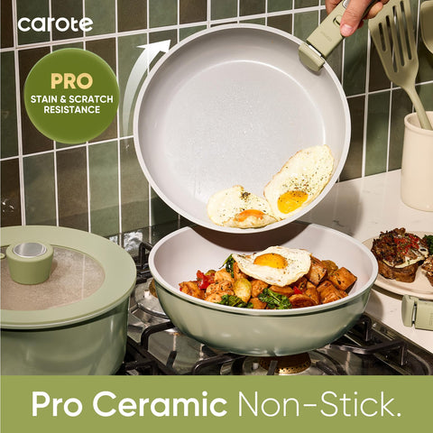 CAROTE detachable handles enable seamless stovetop to oven transitions and compact storage.