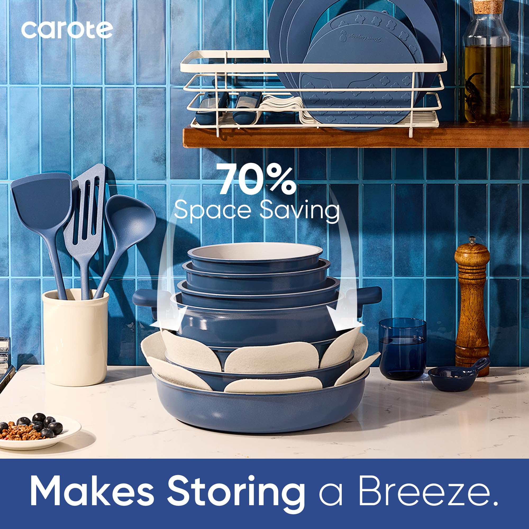 CAROTE cookware being loaded into dishwasher for quick, hassle-free cleanup.