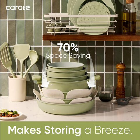 CAROTE dishwasher-safe cookware makes cleanup quick after meals.