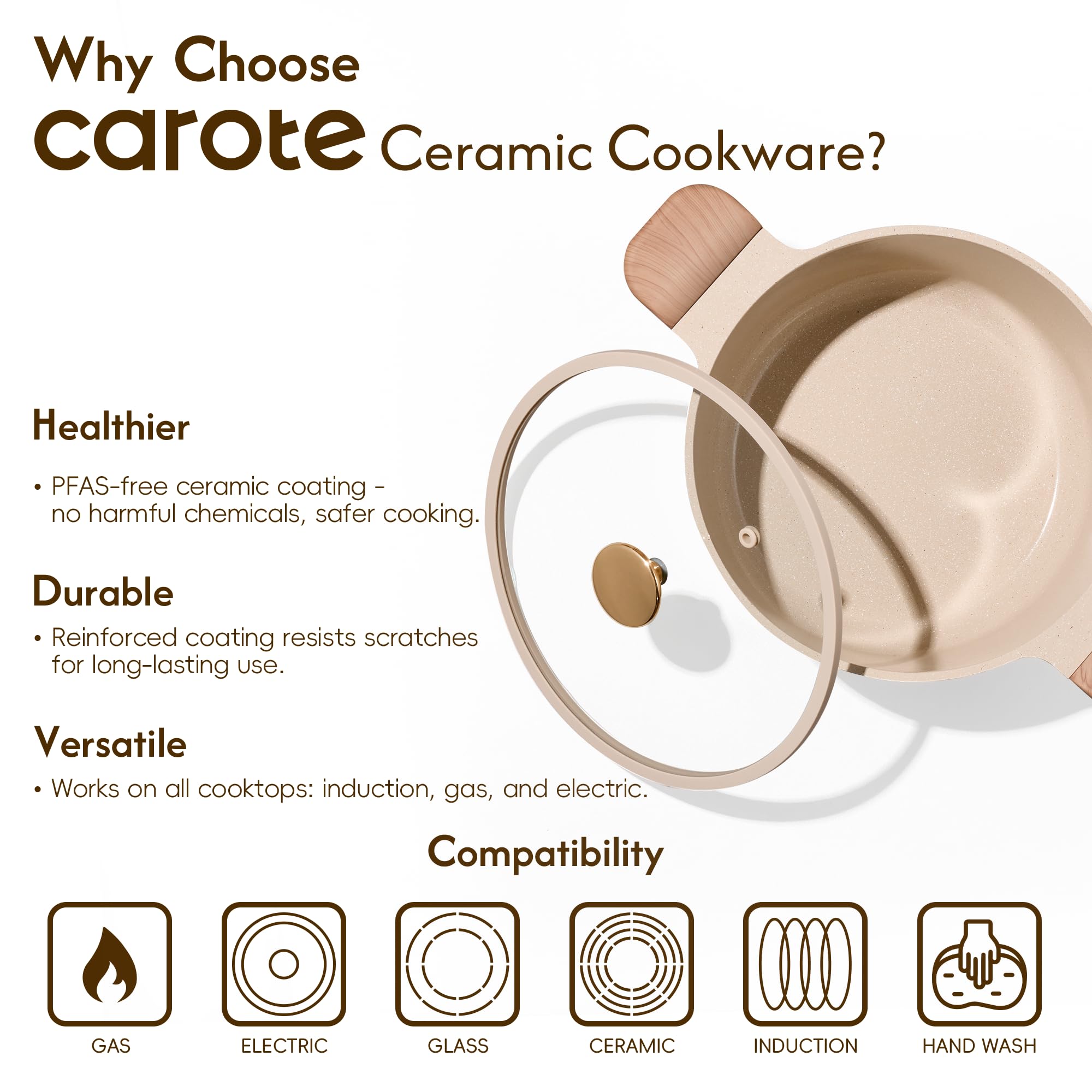 CAROTE rivetless interior offers easy wipe-clean after cooking.