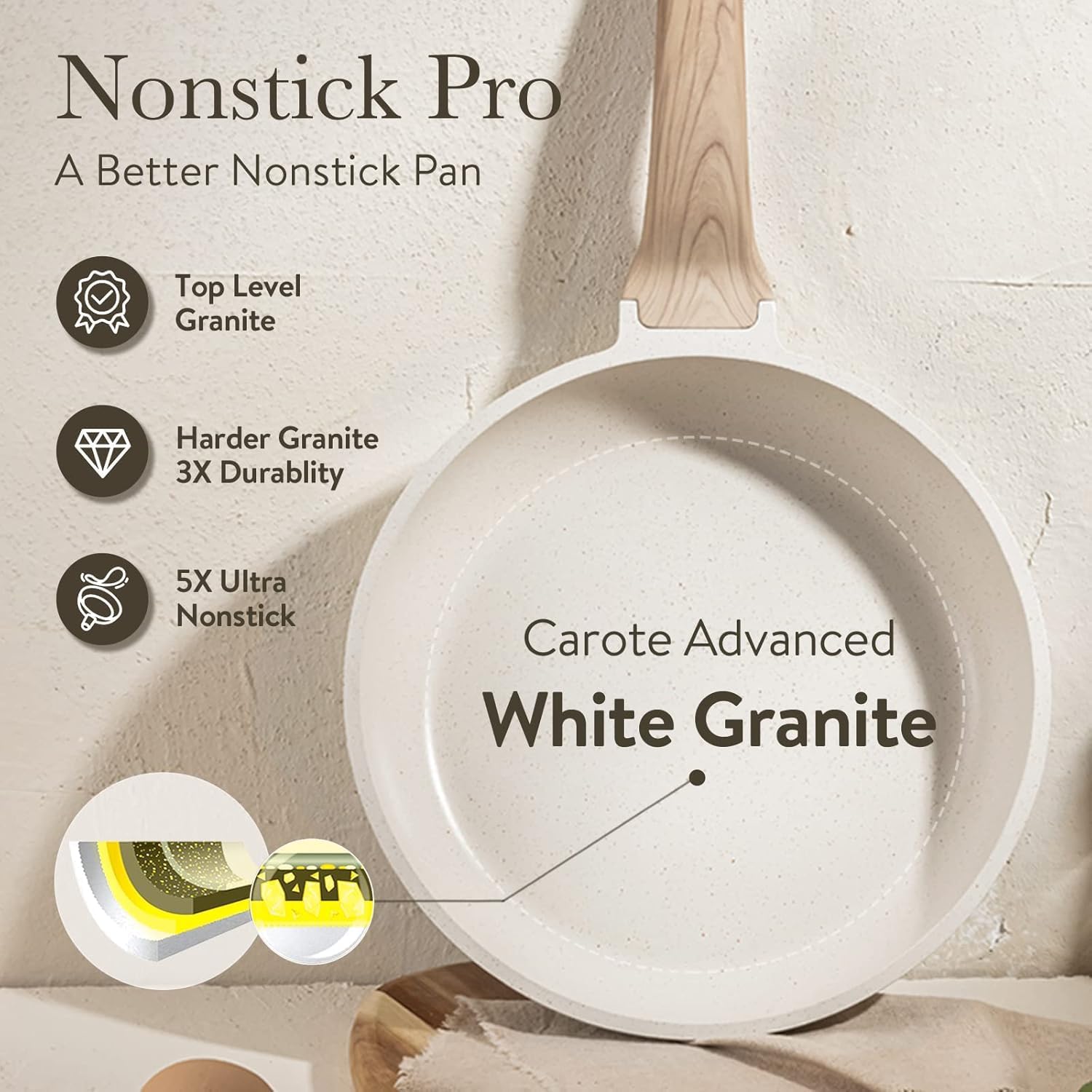 CAROTE extended-bottom design distributes heat evenly across the pan.
