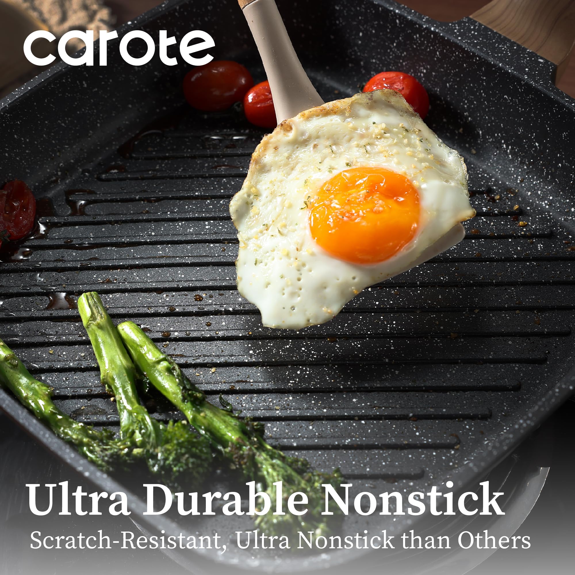CAROTE granite nonstick coating enables easy release and quick cleanups after cooking.