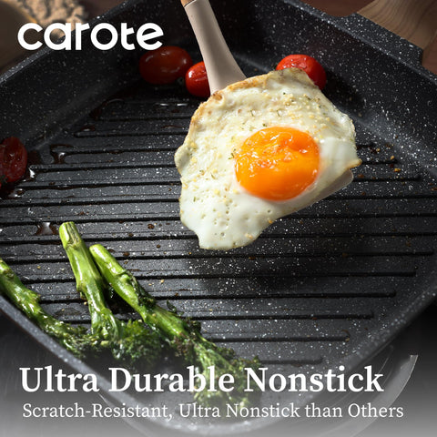 CAROTE granite nonstick coating enables easy release and quick cleanups after cooking.
