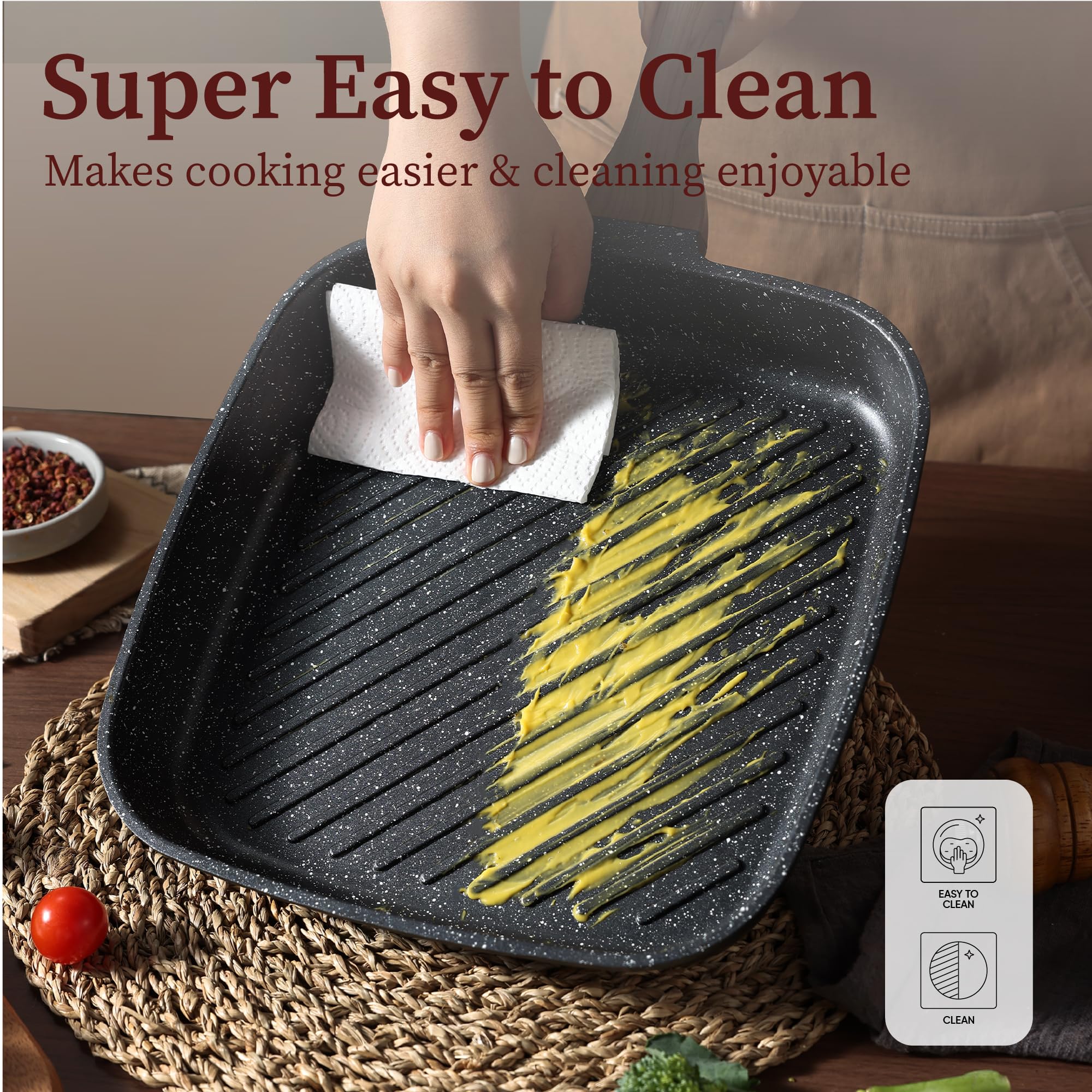CAROTE grill pan compatible with induction and gas stoves for versatile meal preparation.