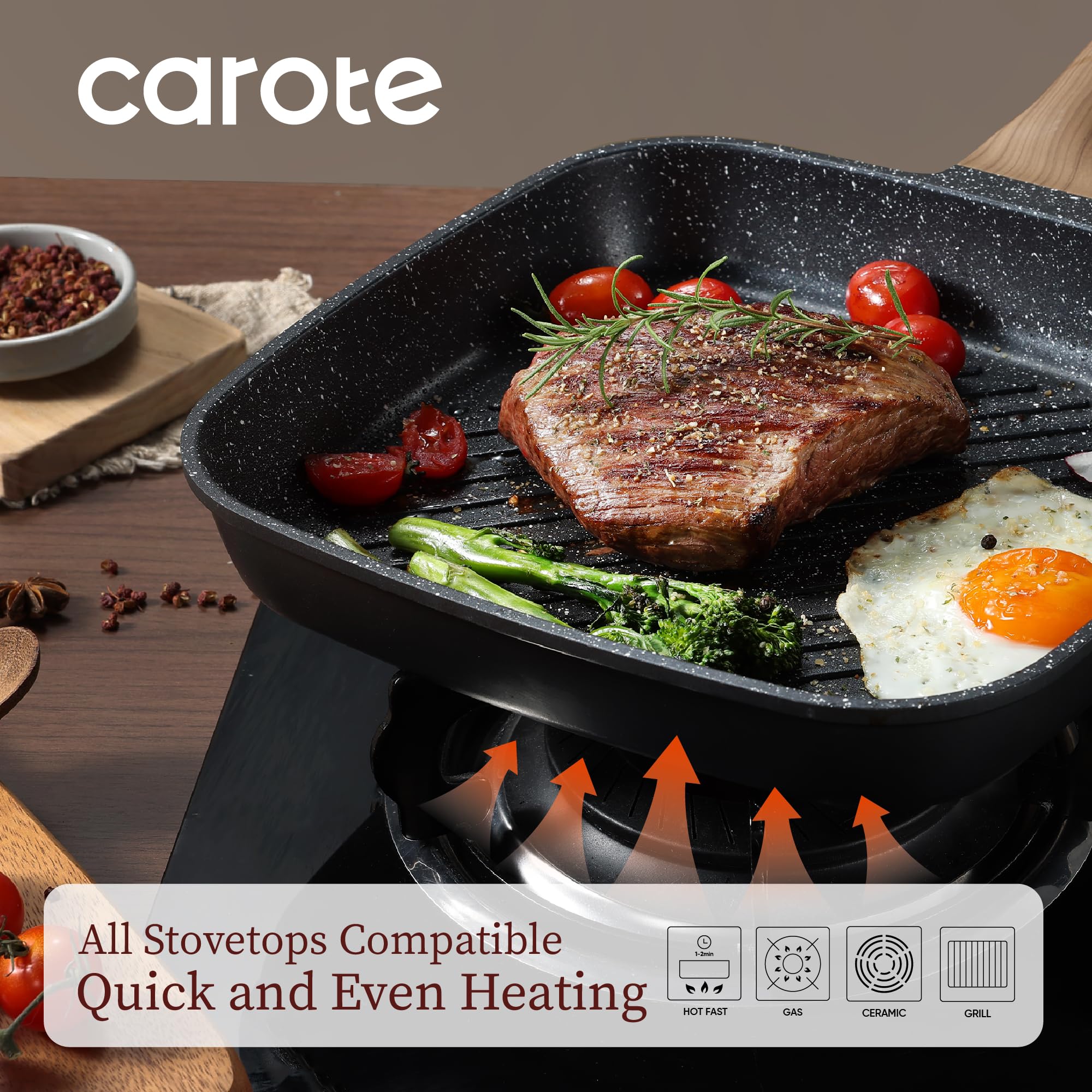 CAROTE grill pan with wood-grip handle stays cool and comfortable during high-heat cooking.