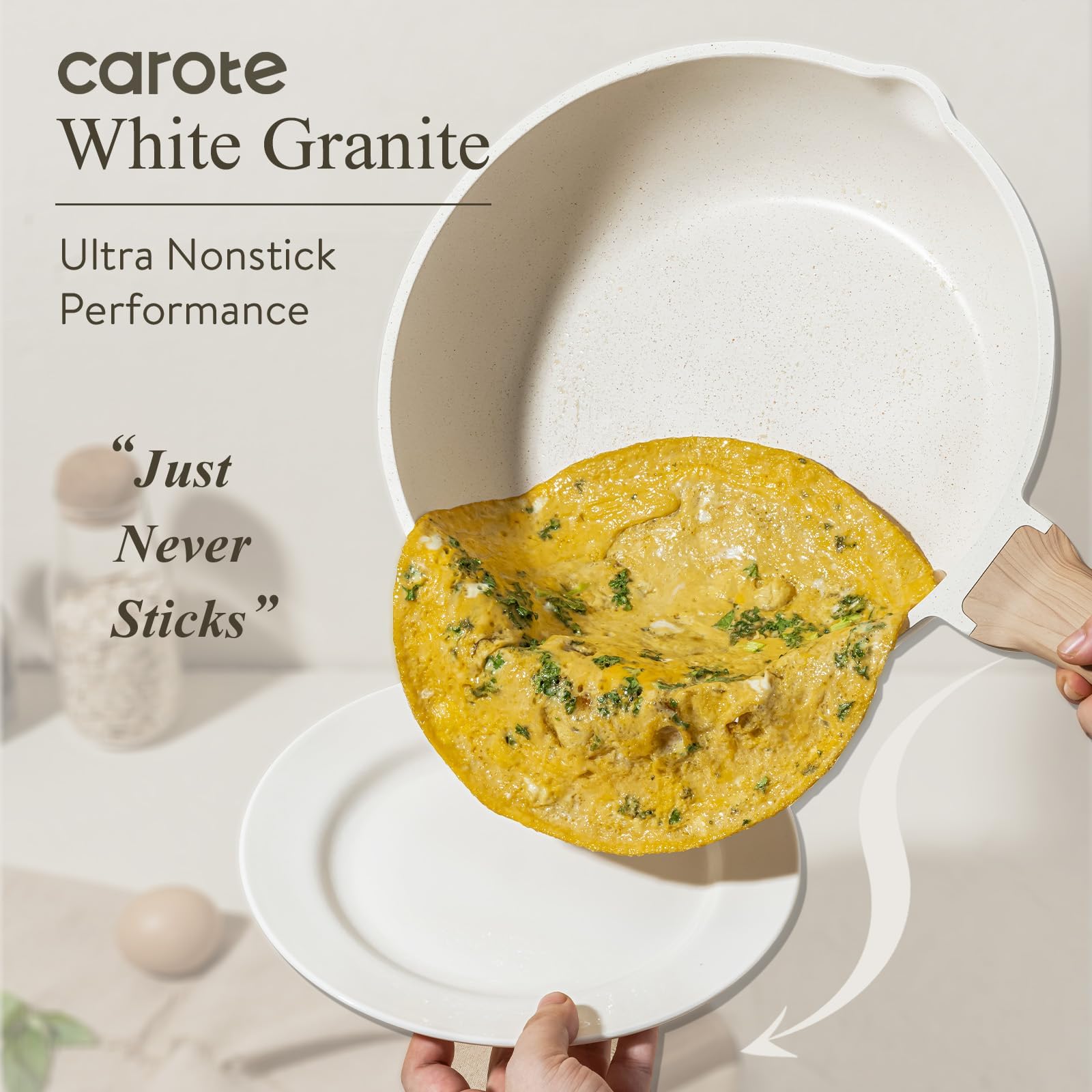 CAROTE induction-base provides quick, even heating for uniform searing and omelets.