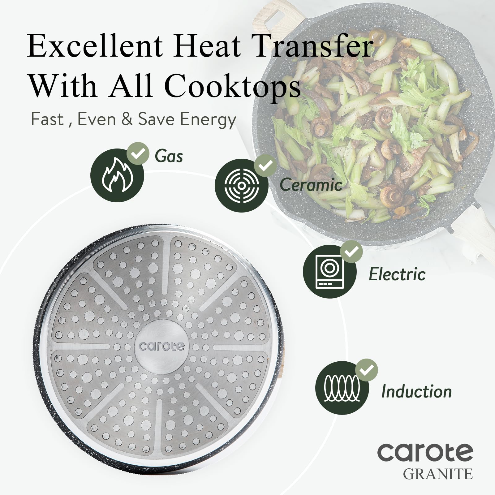 CAROTE induction-base pan heats quickly and evenly for versatile cooking