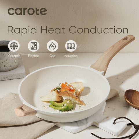 CAROTE induction-compatible base supports fast, even heating across the skillet surface