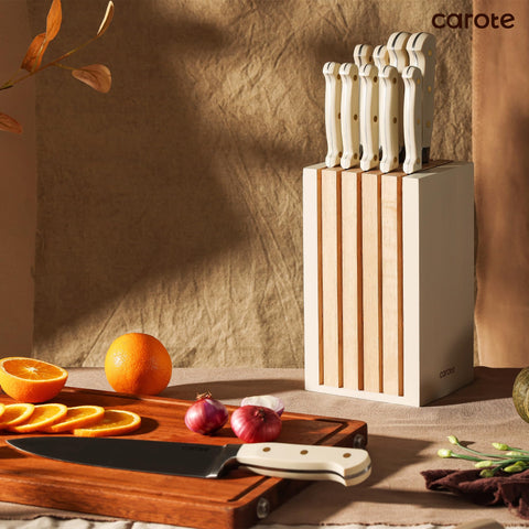 CAROTE wooden block display on countertop with magnetic stability