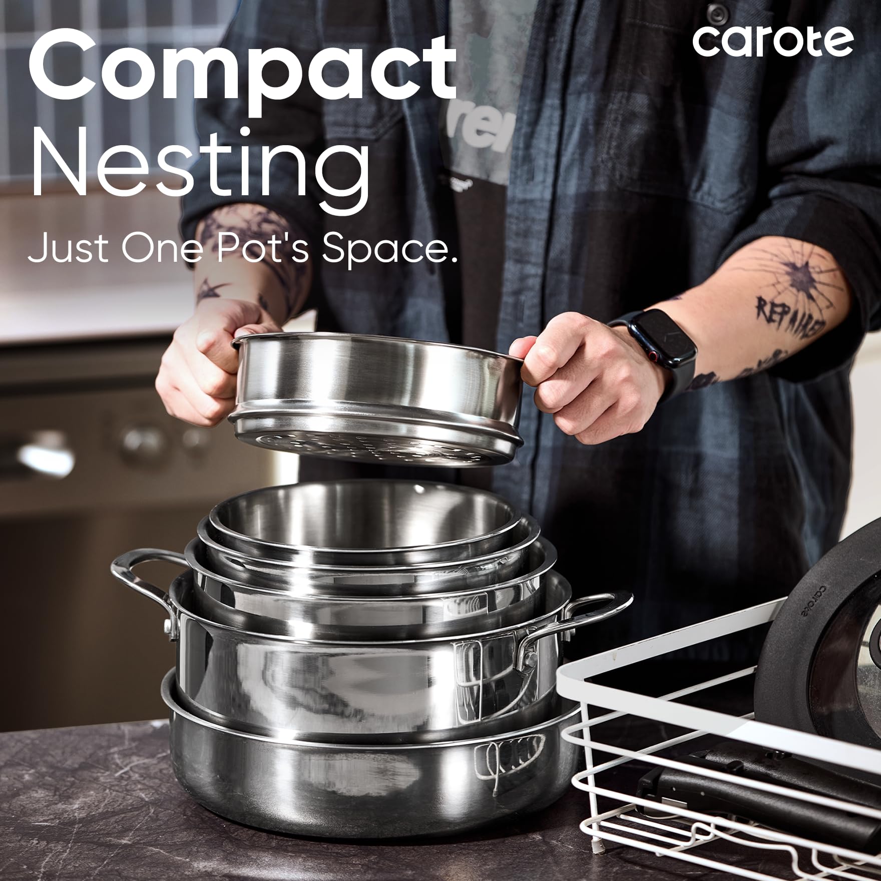 CAROTE lids and steamer included for versatile cooking.