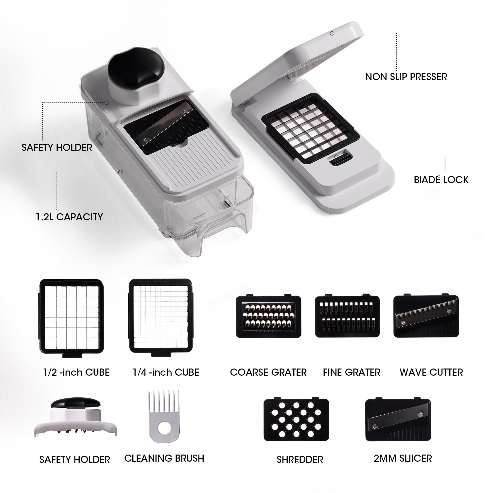 CAROTE mandoline blade set close-up with 1/2-inch and 1/4-inch dice