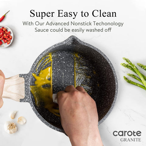 CAROTE nonstick interior close-up emphasizing easy cleaning and oil-free cooking.