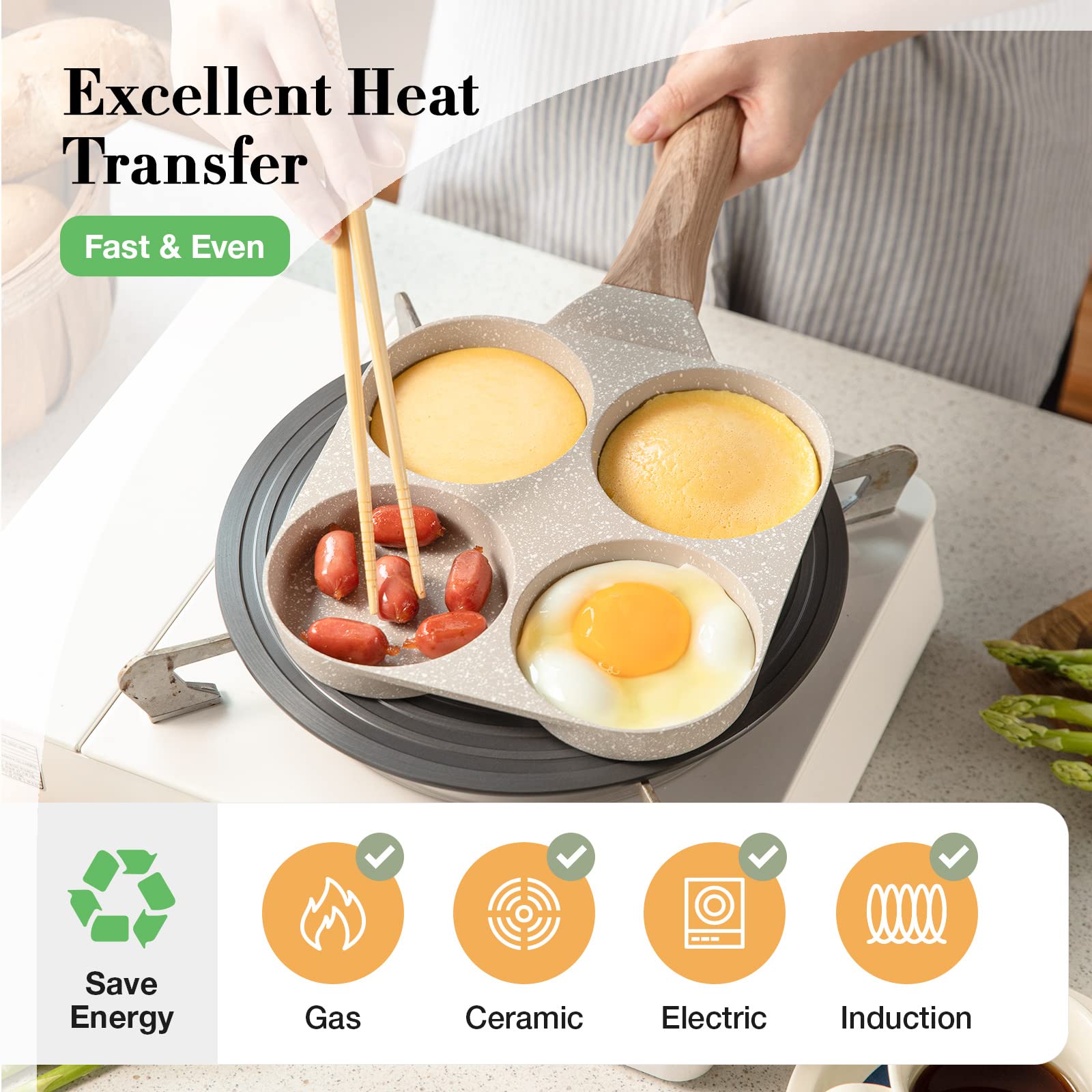 CAROTE 4-cup omelette pan enables evenly cooked four eggs.