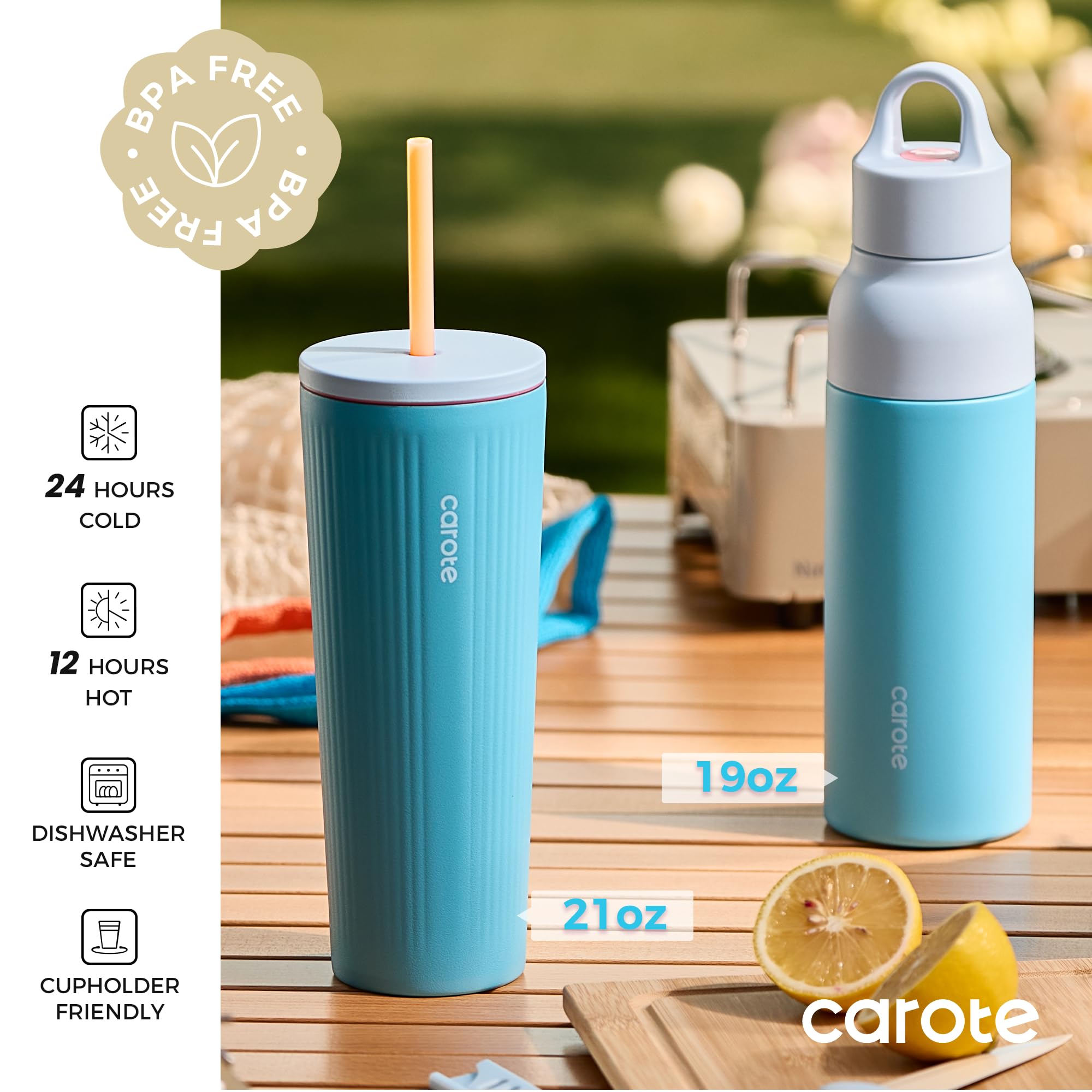 CAROTE one-click lid action demonstrates splash-free sipping on the go