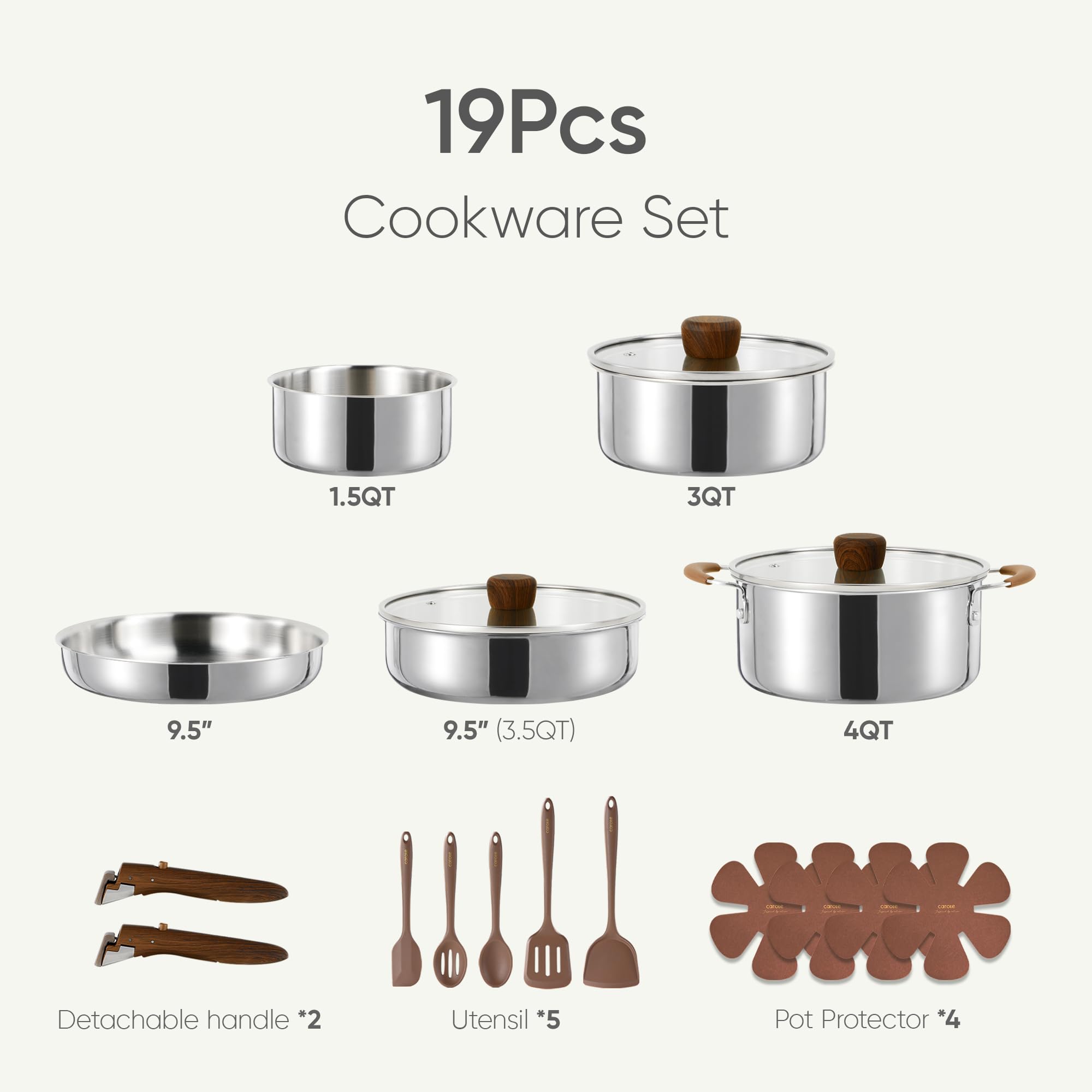 CAROTE detachable-handle cookware ready for oven up to 600°F.