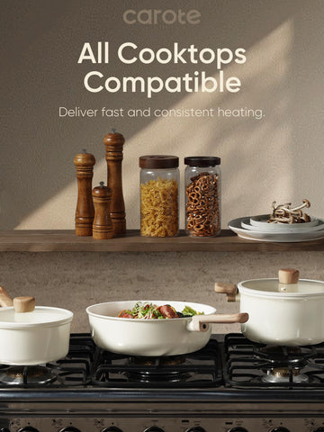 CAROTE induction-ready cookware shown on an induction cooktop
