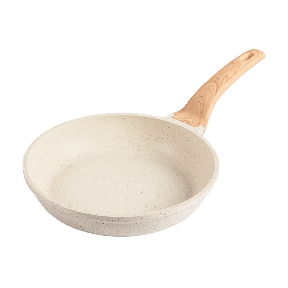 PFOA-free CAROTE non-stick pan in cream white with safety label