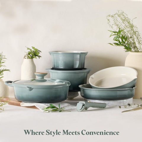 Included pot protectors aid neat stacking and protection