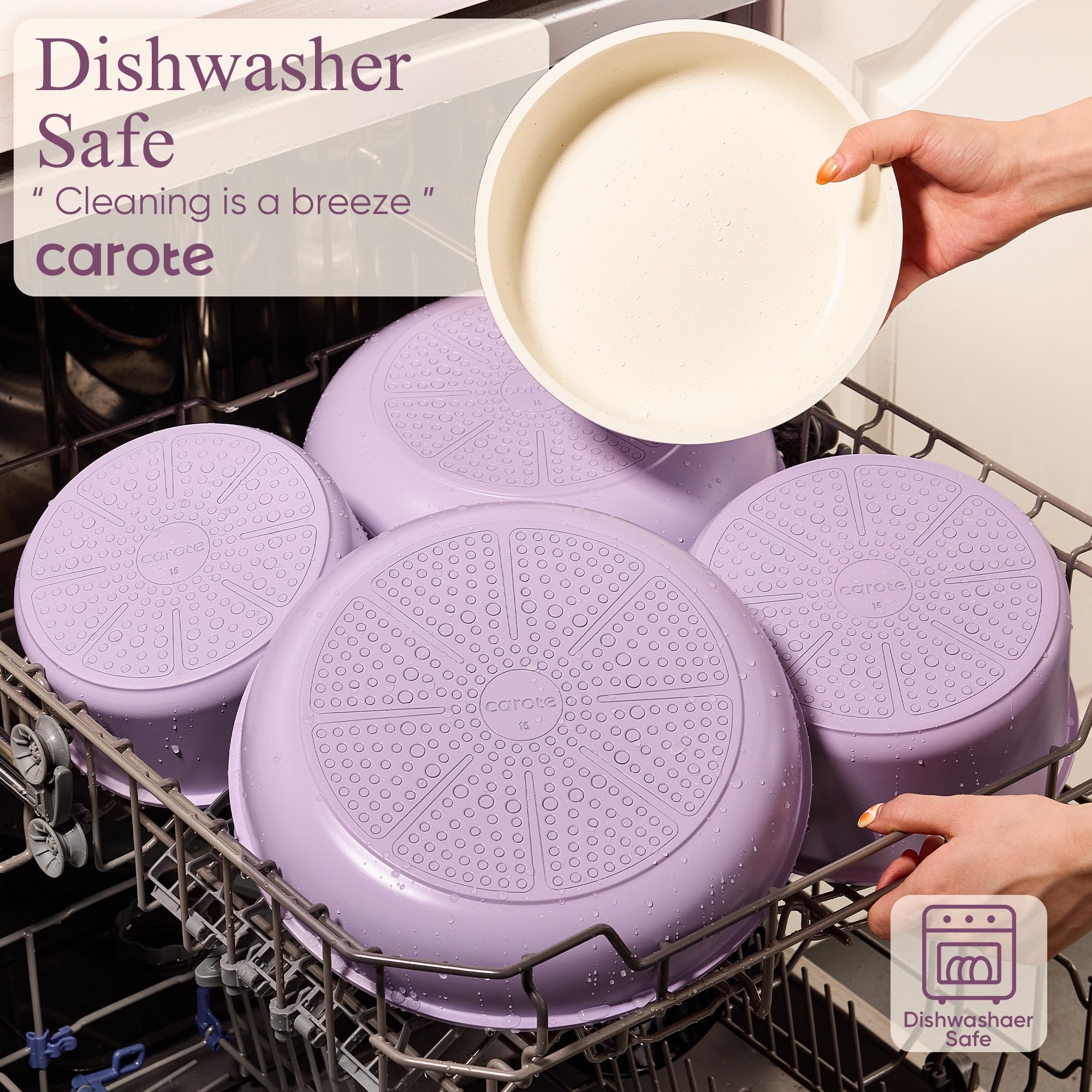CAROTE purple cookware adds vibrant color to kitchen styling.