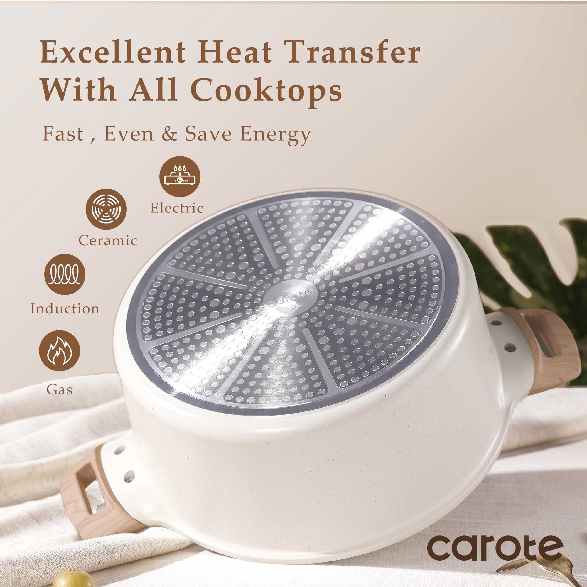 CAROTE rivetless interior shows easier cleaning and smooth cooking