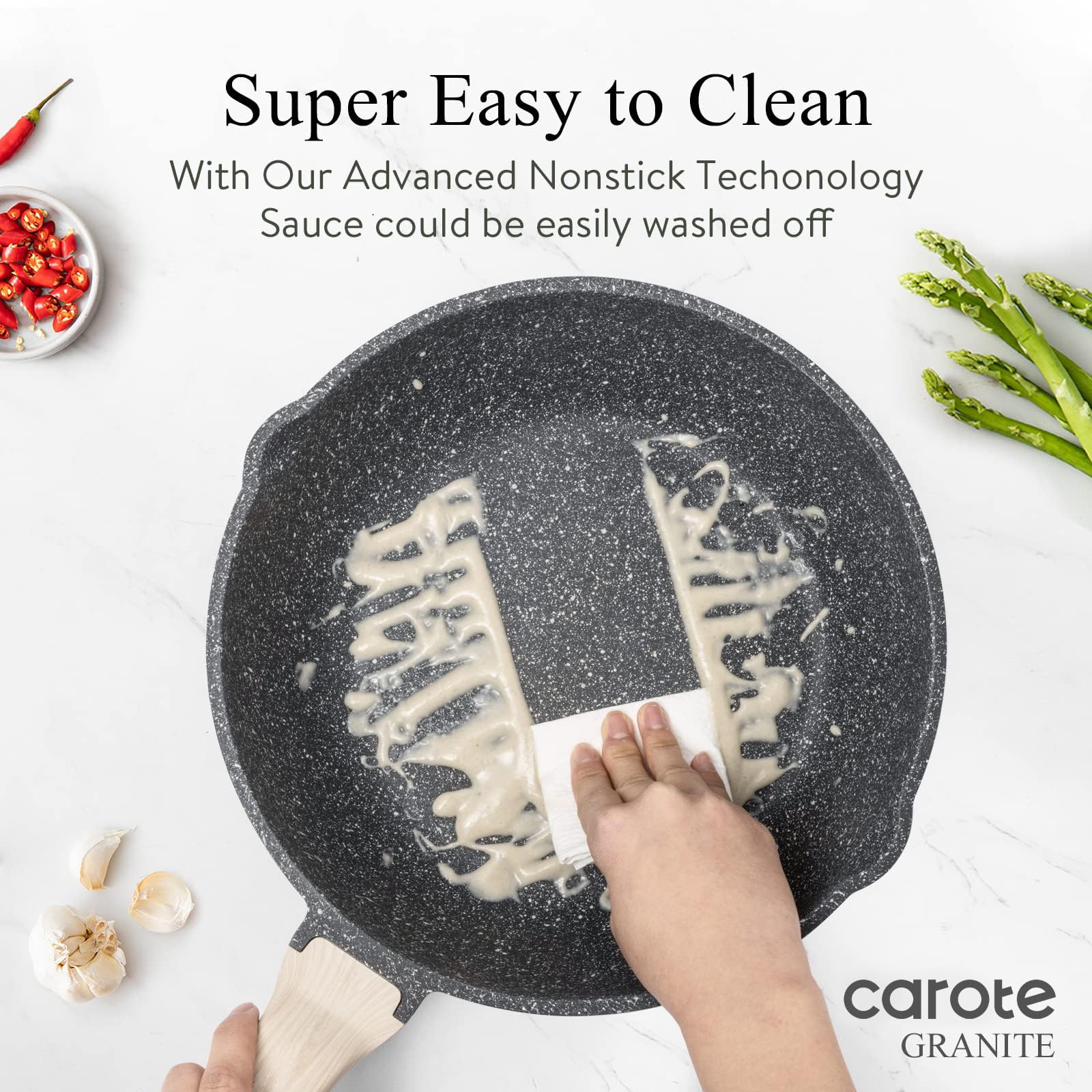 CAROTE rivetless interior of nonstick pan facilitates thorough cleaning