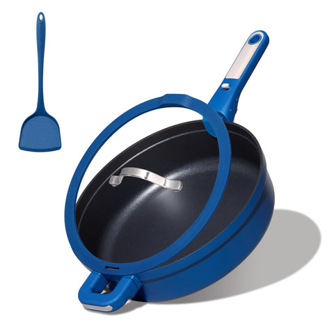 CAROTE 4-piece non-stick frying skillet with lid in sapphire blue for versatile daily meals.