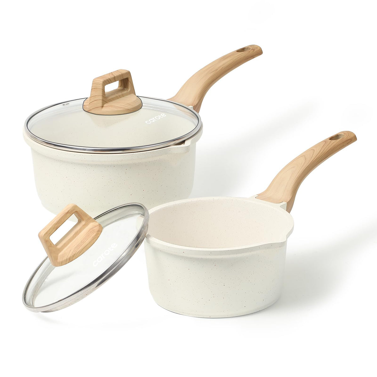 CAROTE saucepan set with lid top view shows versatile 1.5qt and 3.0qt sizes for everyday meals.