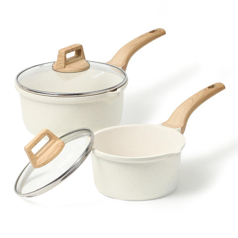 CAROTE saucepan set with lid top view shows versatile 1.5qt and 3.0qt sizes for everyday meals.