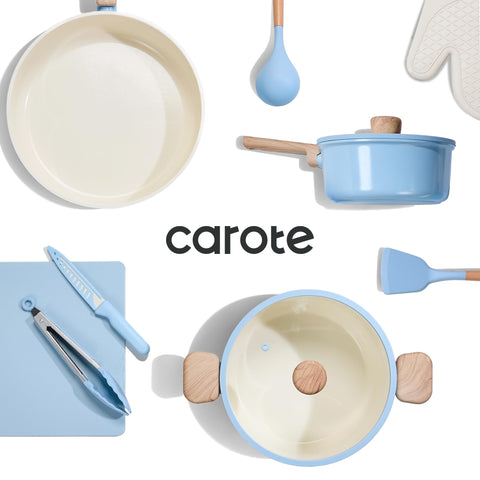 CAROTE lids, utensils, and pot protectors arranged for storage