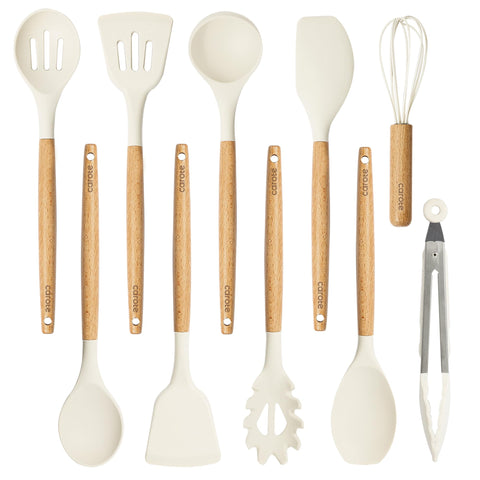CAROTE silicone cooking utensils set in cream for safe nonstick cooking.