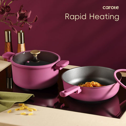 CAROTE silicone tools included offer convenient, heat-safe utensils for versatile cooking.