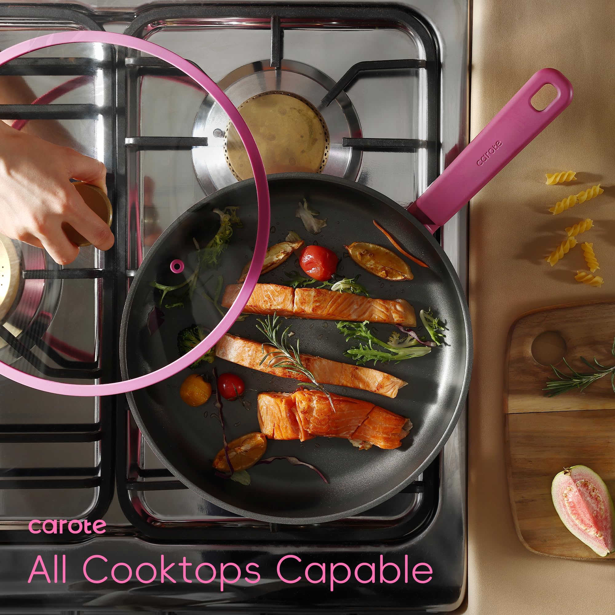 CAROTE stay-cool handles provide safer, comfortable grip during cooking.