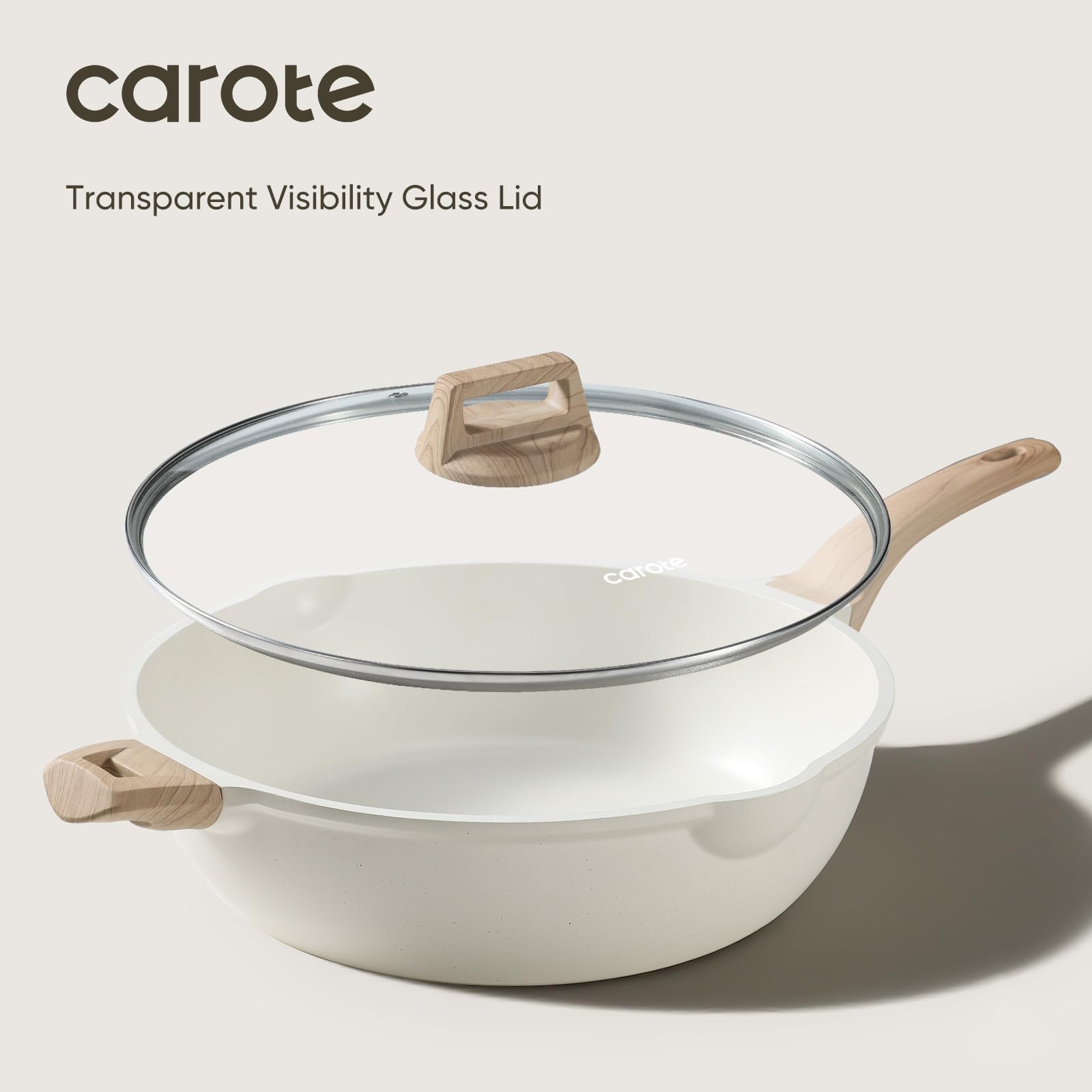 CAROTE tempered-glass lid lets you watch simmering without lifting.
