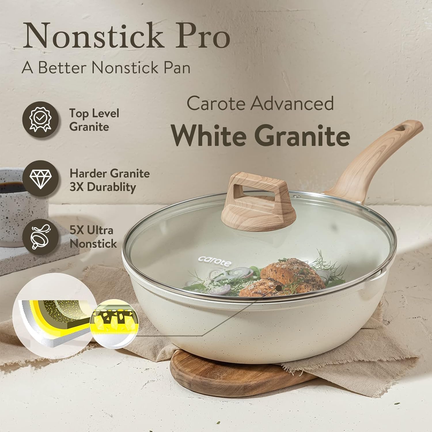 CAROTE tempered-glass lid helps monitor cooking and minimize splashes