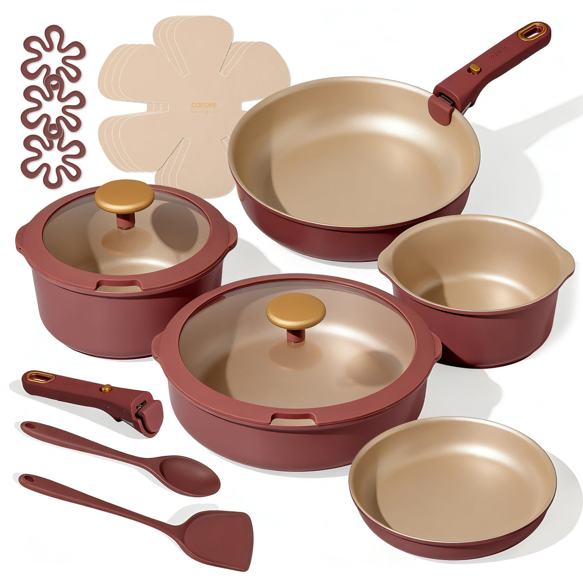 CAROTE titanium reinforced nonstick 18pc set — effortless release and easy cleanup.