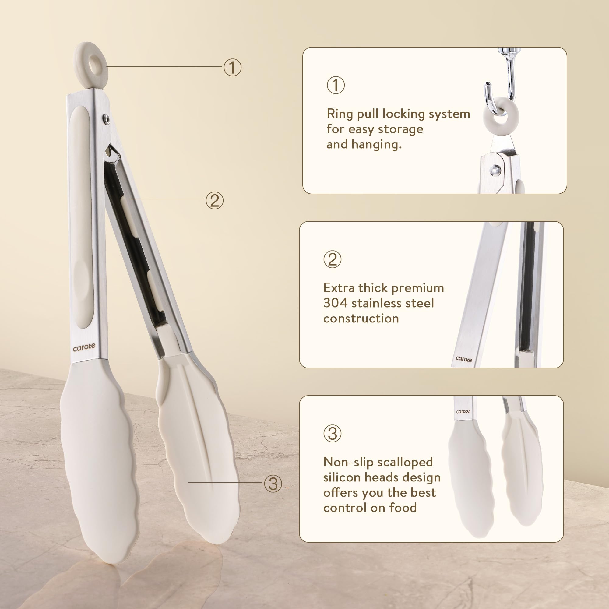 CAROTE 12-inch tongs with silicone tips for grilling larger items.