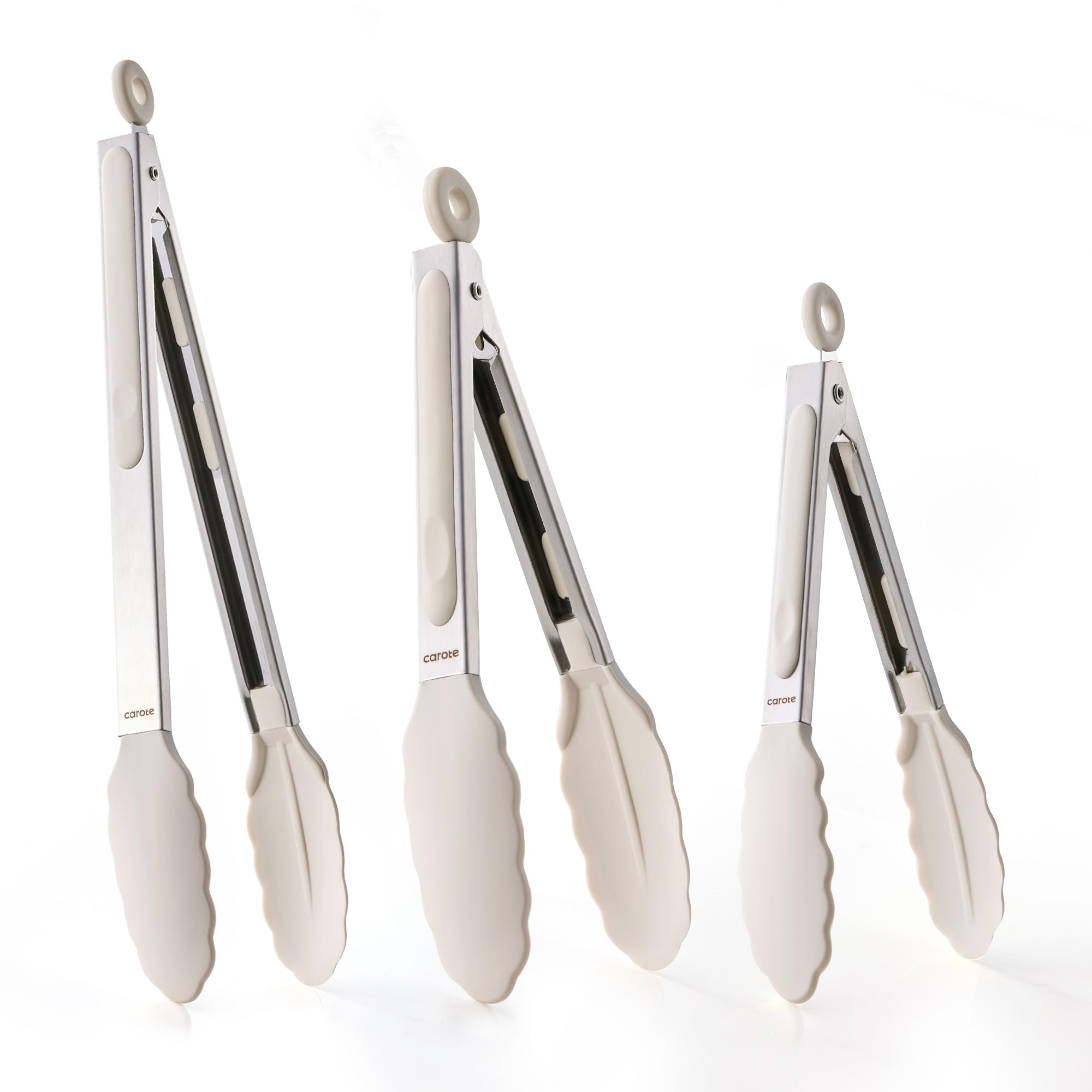 CAROTE 7-inch tongs with silicone tips for gentle nonstick cooking.