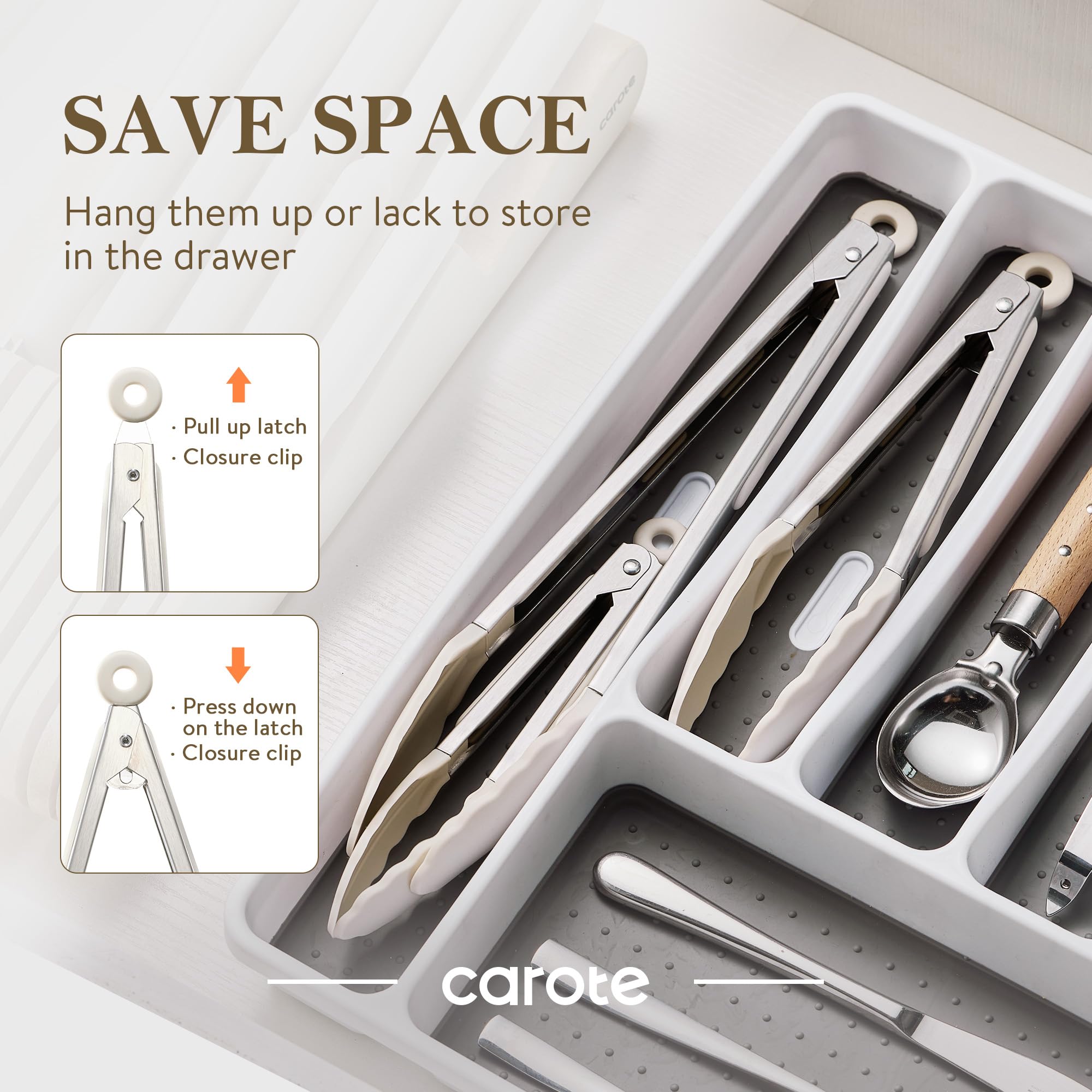 CAROTE tongs feature a hanging hook for convenient storage.