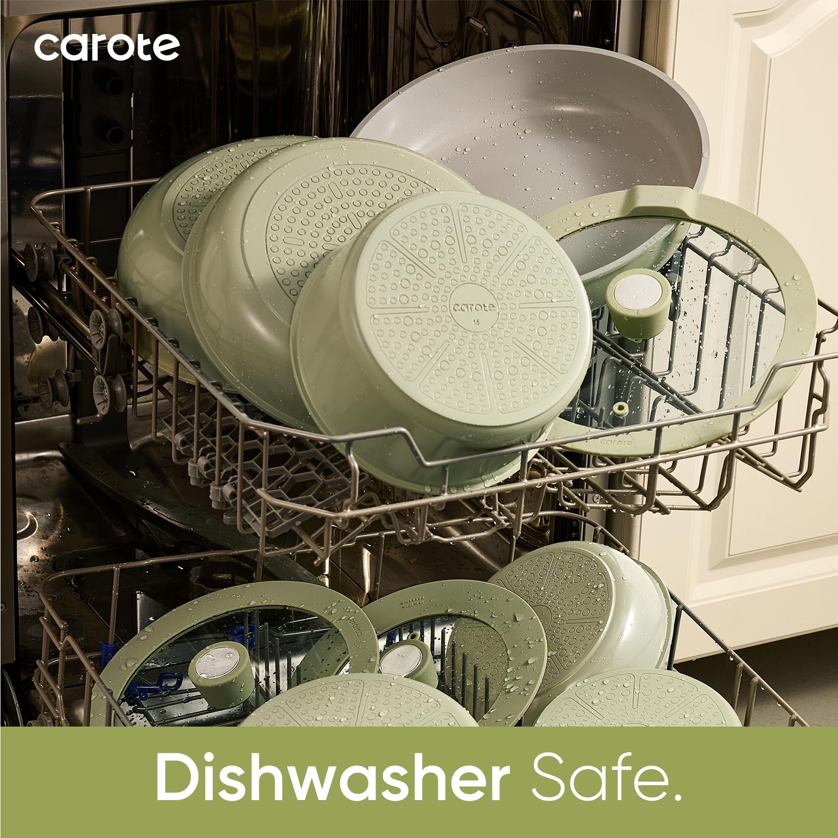 CAROTE universal lids and trivets protect countertops and simplify stacking.