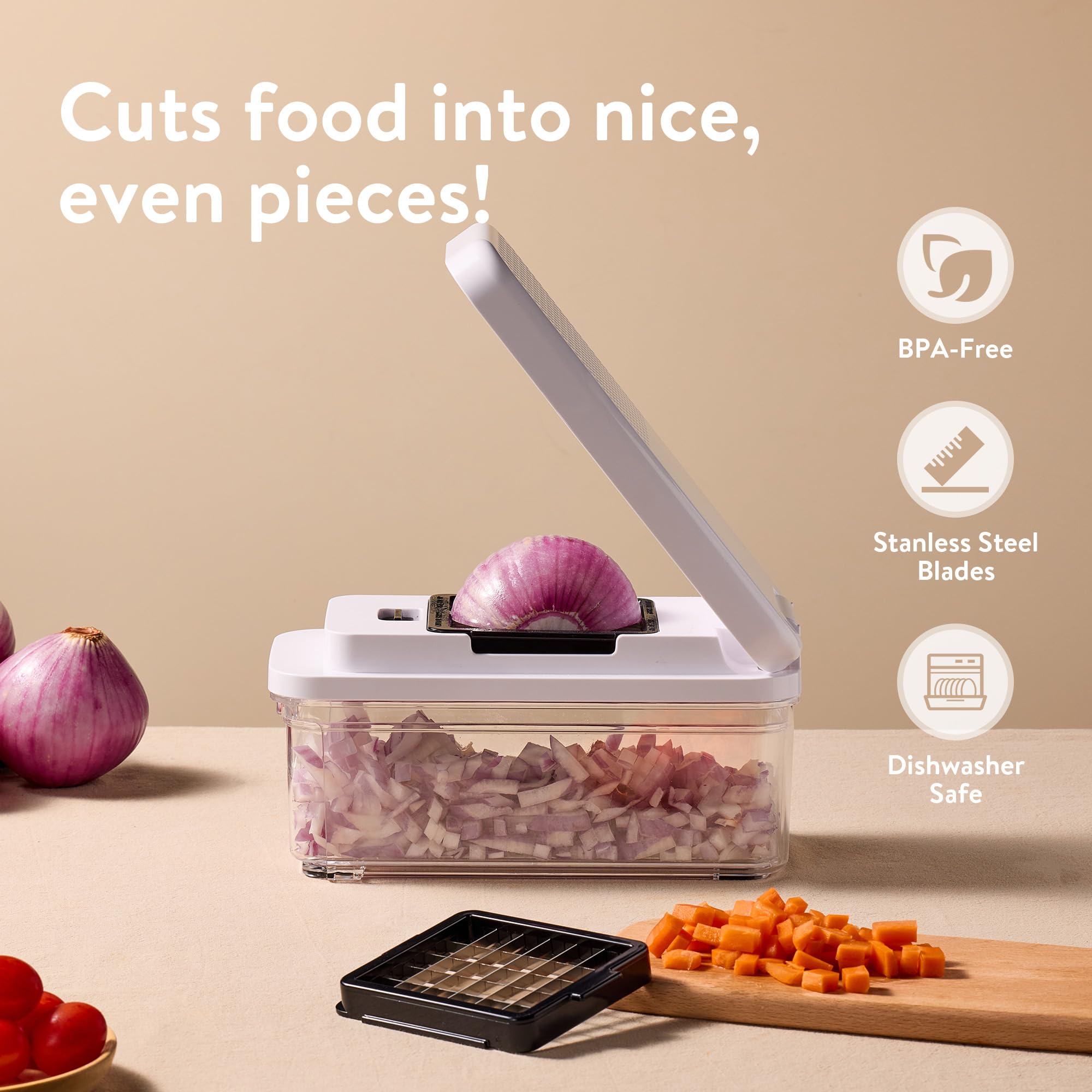 CAROTE vegetable chopper with 1.2L container captures chopped ingredients