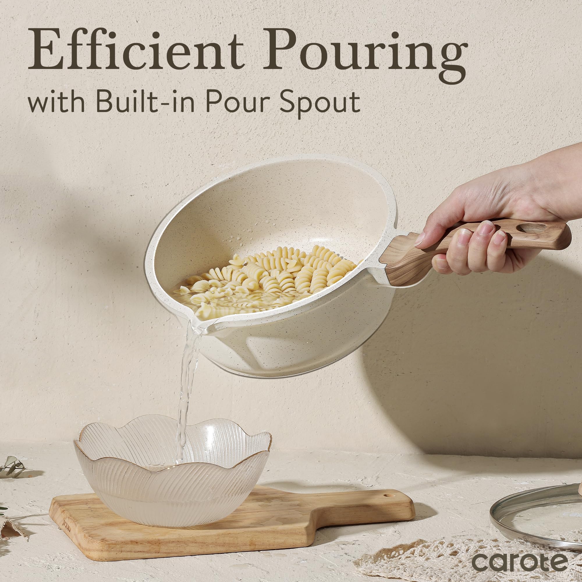 CAROTE white granite finish adds a stylish, easy-clean look.