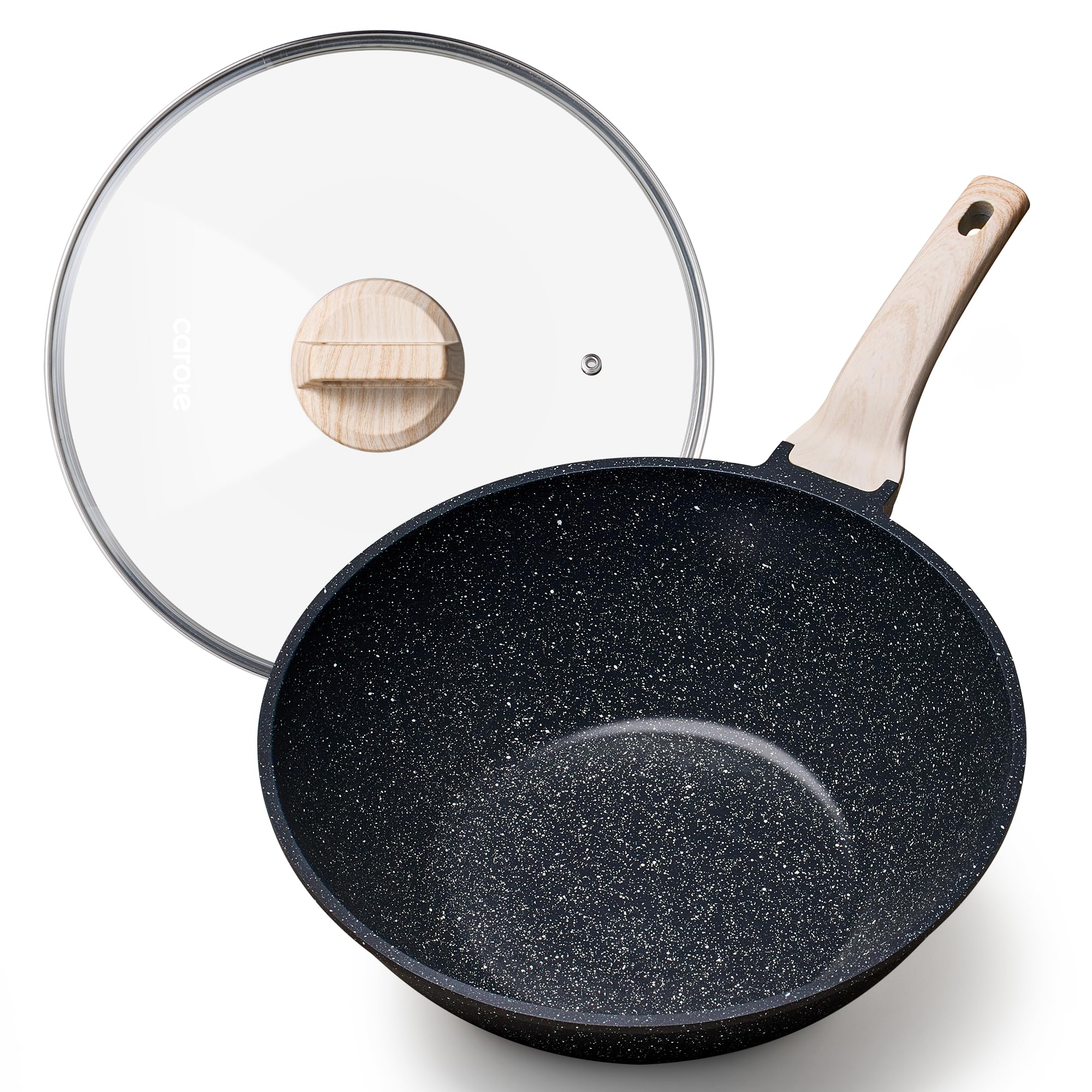 CAROTE 12 inch wok with lid shows granite nonstick coating for easier, cleaner frying