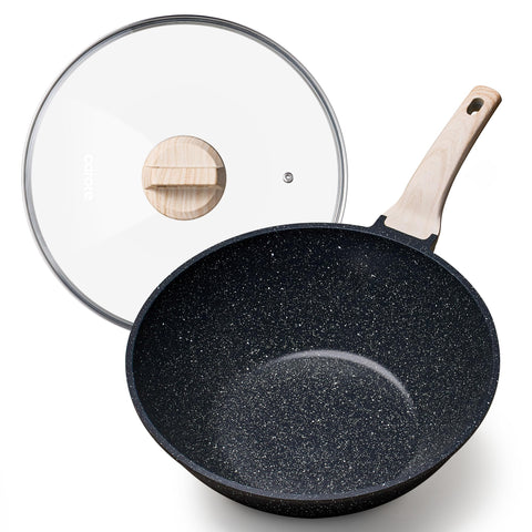 CAROTE 12 inch wok with lid shows granite nonstick coating for easier, cleaner frying
