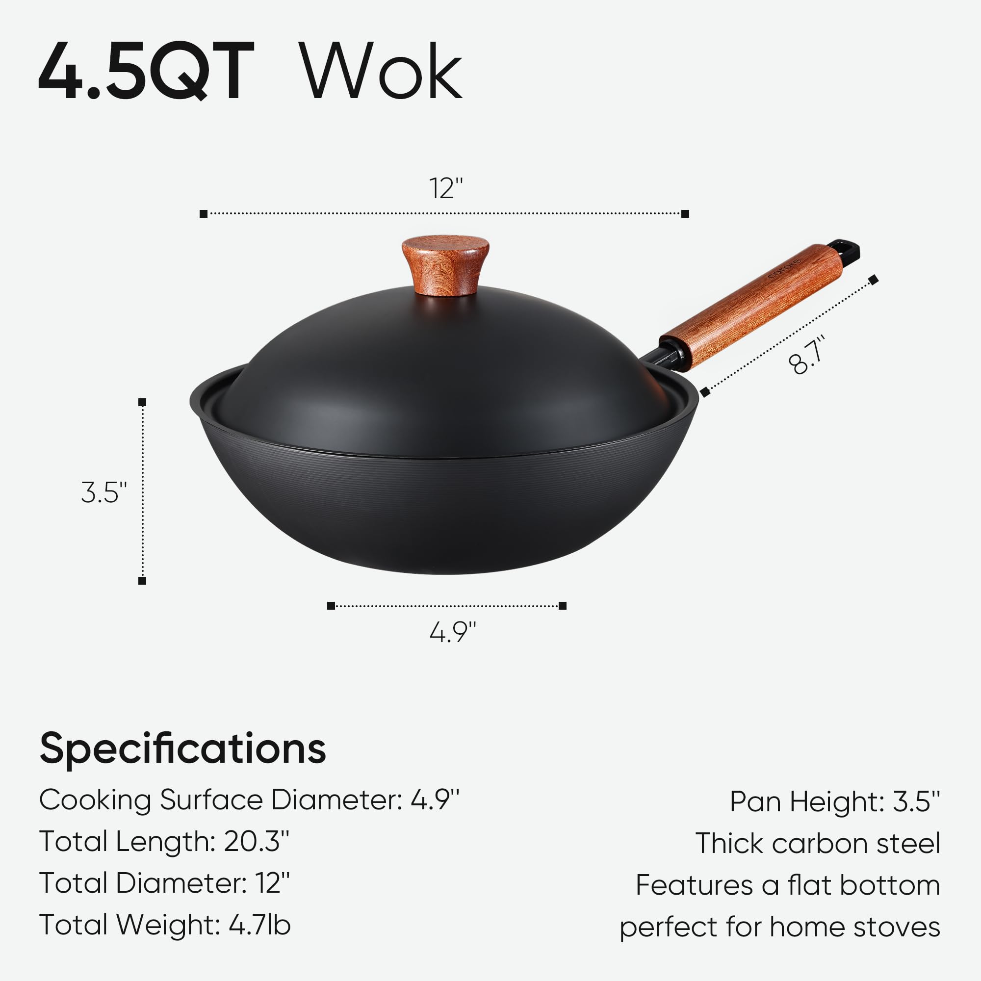 CAROTE wok pan flat bottom highlights even heating for effortless searing.