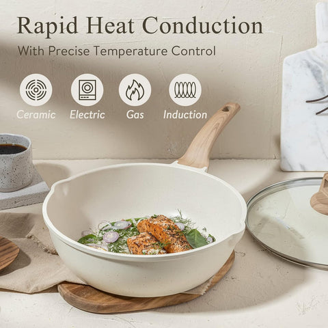 CAROTE wooden-handle deep sauté pan with double pour spout for safe pouring