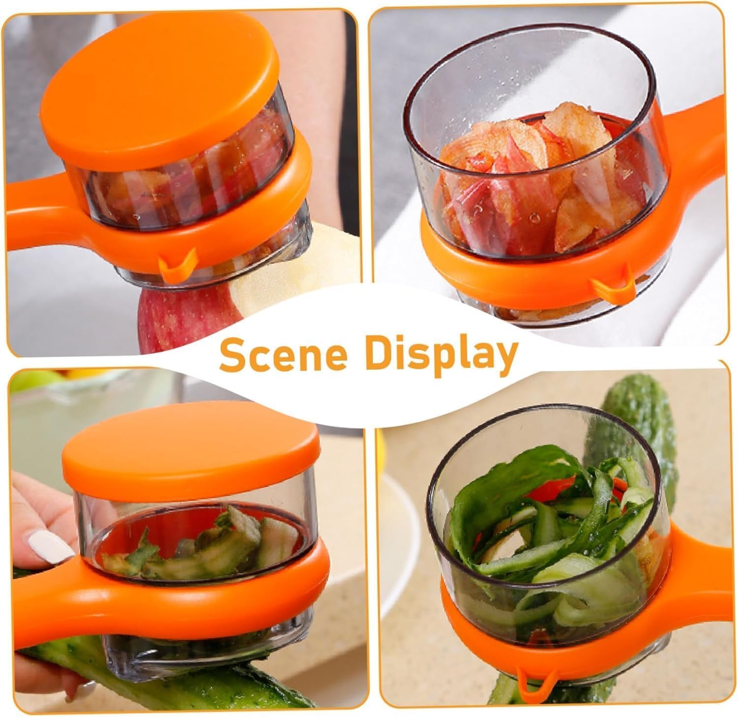 Carrie Rowe peeler with catcher orange traps peels for tidy counters