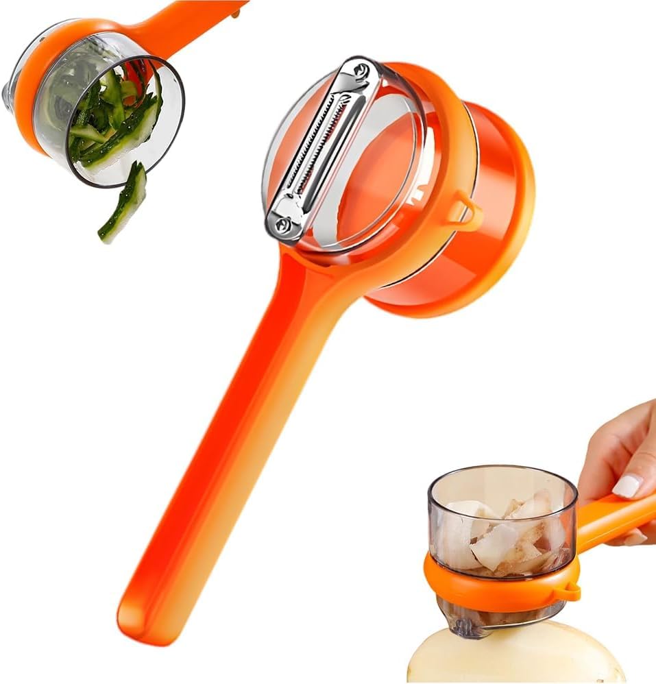 Carrie Rowe peeler with storage box orange keeps peels tidy for mess-free prep