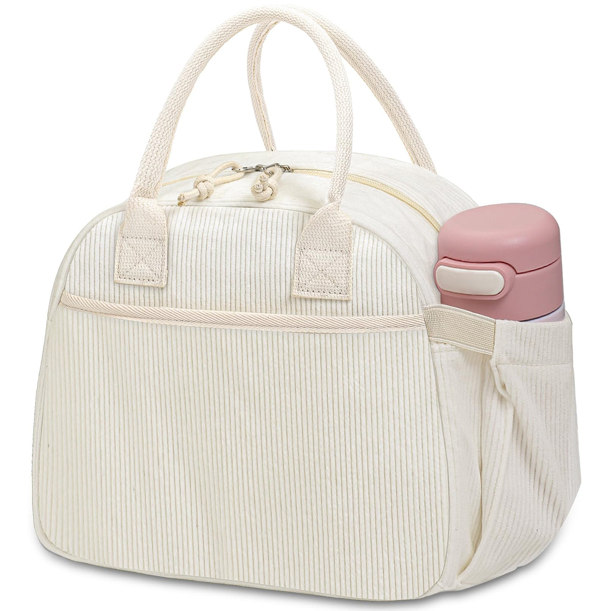Carry bloom corduroy lunch bag with front pocket for utensils usage at work