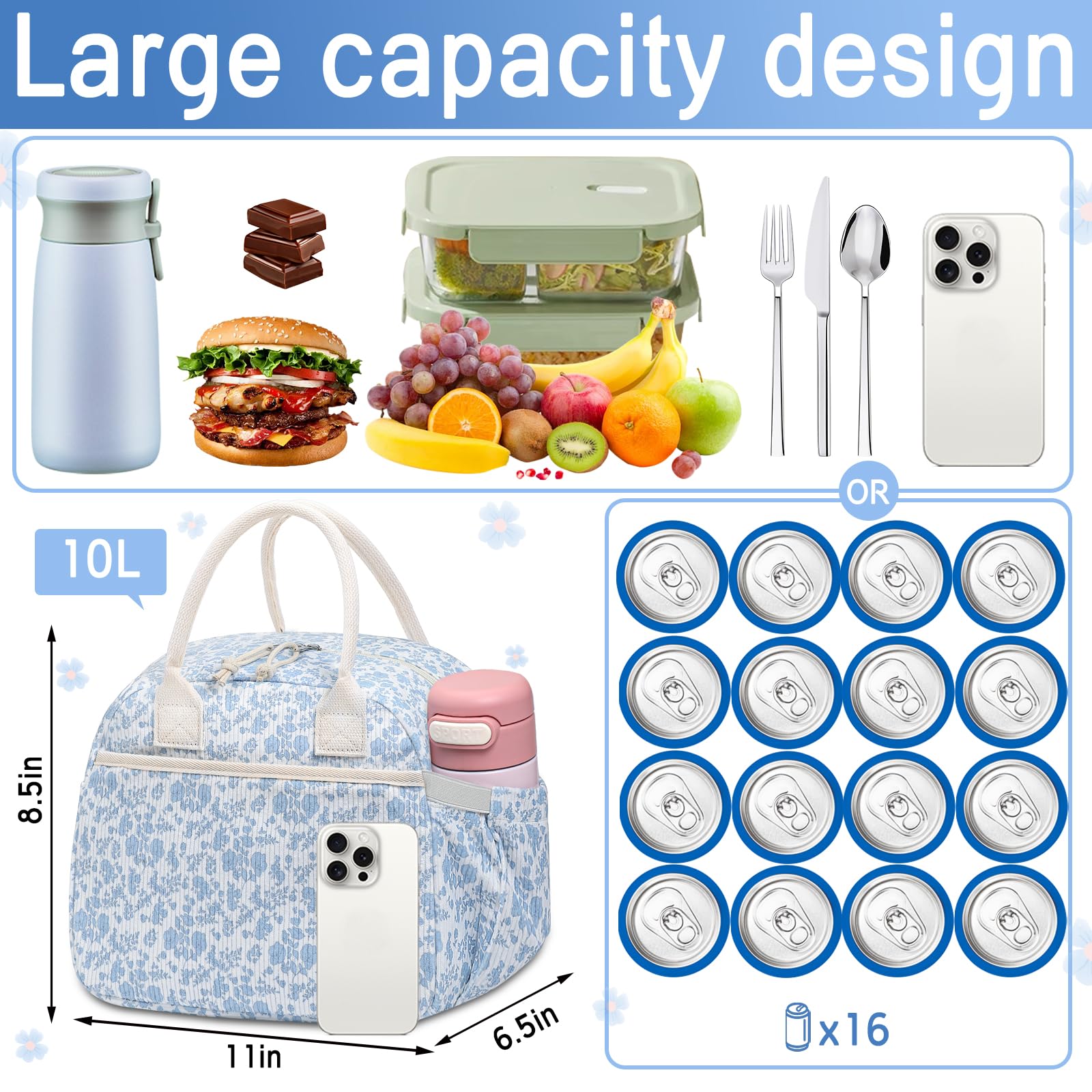 Carry bloom corduroy lunch bag side pocket holds water bottle securely.